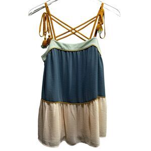 The Loft Poolside Peplum Color block Tassel Strap Cami Boho Blue Cream Size XS